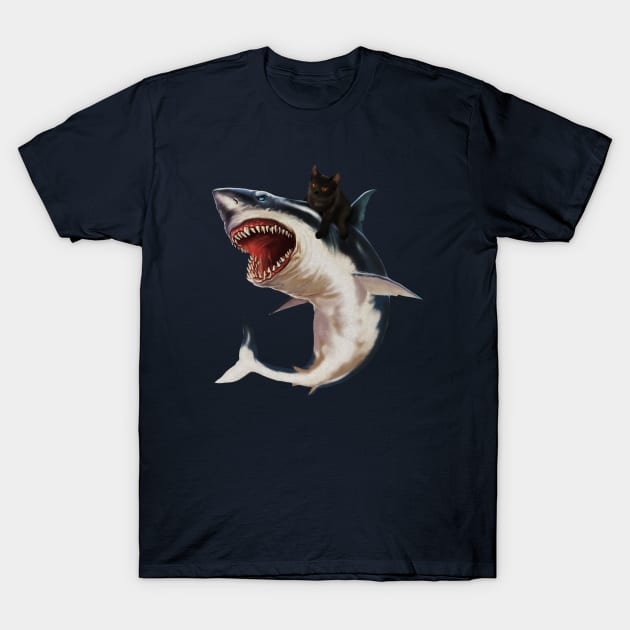 Cat riding a shark t shirt sale